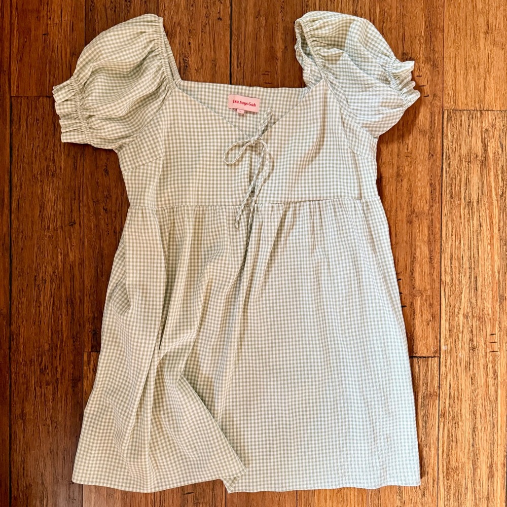 Lisa Says Gah Gingham Puff Sleeve Mini Dress Sage Green White Size L Baby Doll